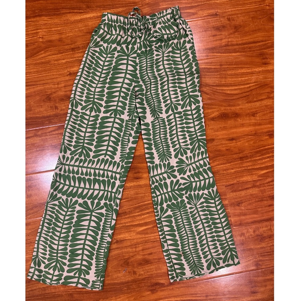 Green Botanical Leaf Print Wide Leg Drawstring Pants Relaxed Fit Tropical Boho